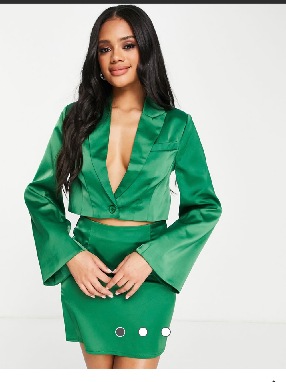 Emerald Satin Two-Piece Skirt Set — Cropped Blazer & Mini Skirt